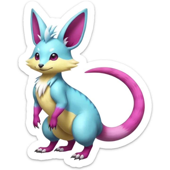 realistic Shiny smooth silky soft Cyan-Yellowish-Magenta Minccino-Zeraora-Emolga-Vernid-Sergal-fusion-hybrid-animal-creature, full body sticker