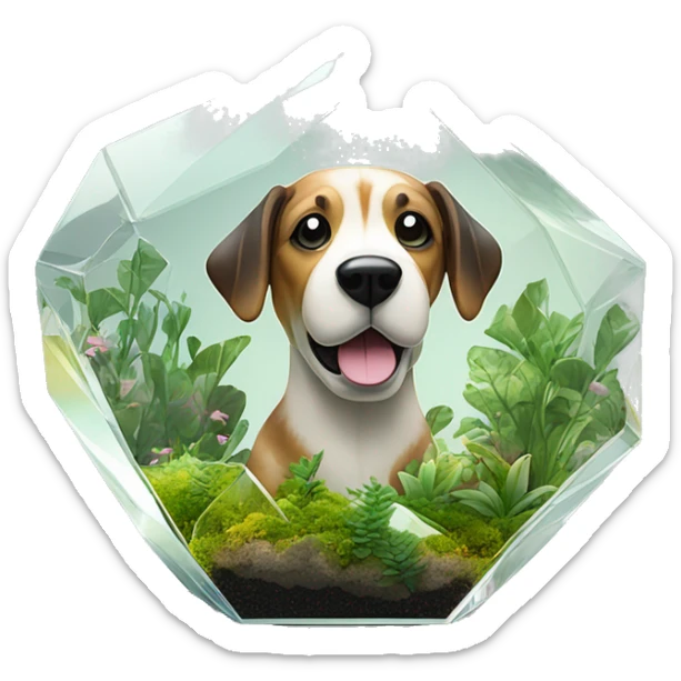 A dog made entirely of glass mirror crystals prisms glass transparent filled with plants as a terrarium sticker
