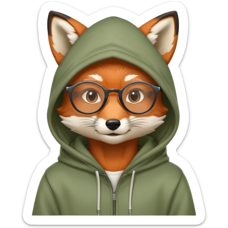 anthropomorphic male fox wearing round glasses and a hoodie with the hood on the head sticker