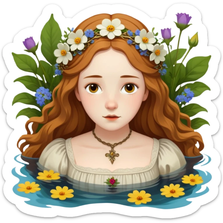 Ophelia from Hamlet floating in water surrounded by flowers, with a tragic expression, wearing a medieval dress, based on Millais painting and Shakespeare's character sticker