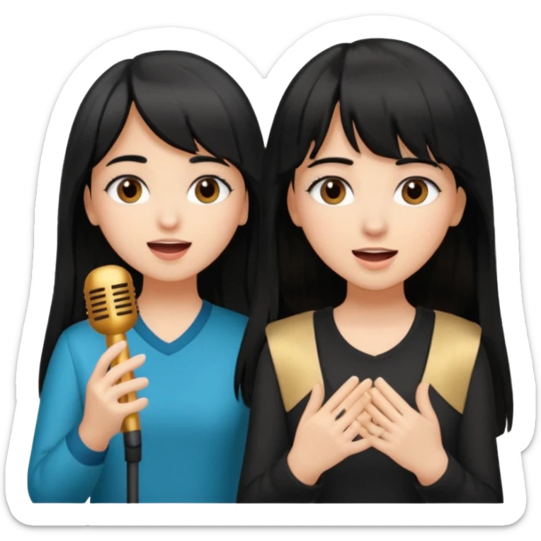 make a middle eastern girl with long black hair and a white girl with bangs and brown medium length hair singing together  sticker
