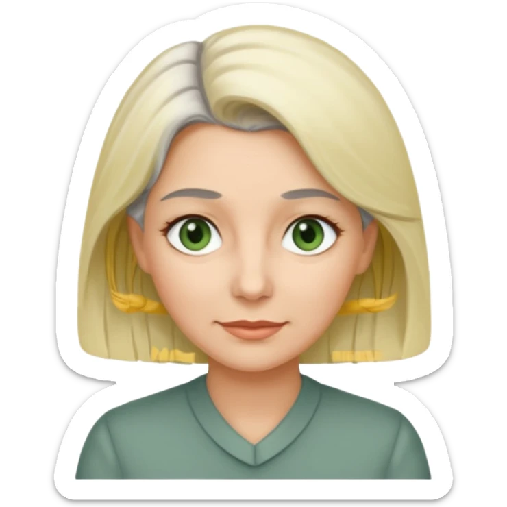 a woman in her late 40s and has greyish greenish eyes and blonde and grey hair sticker