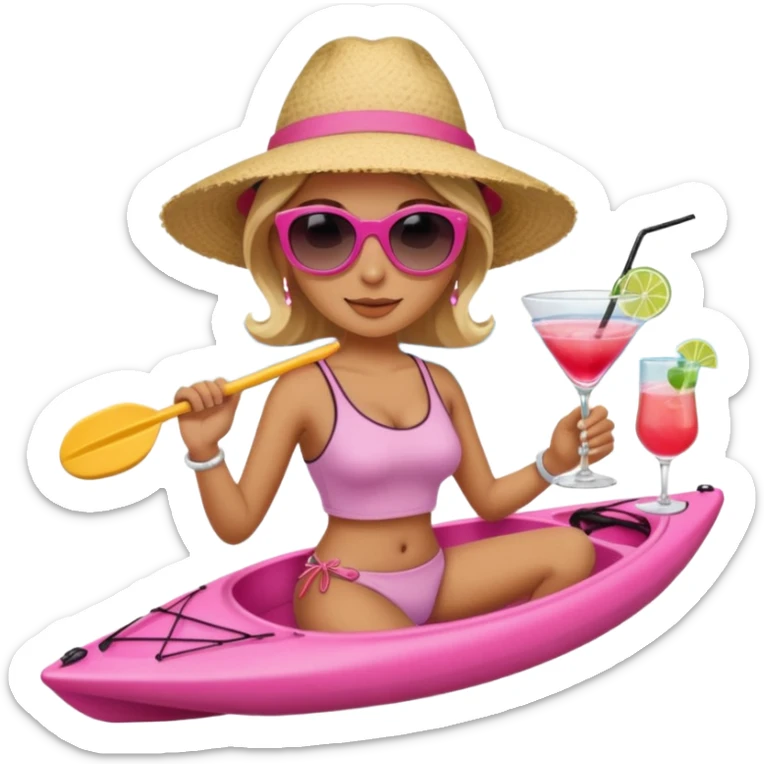 Female in pink kayak with cocktail in hand at the beach sticker