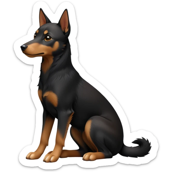 cinematic-[australian kelpie]-detailed realistic-full-body-sitting-emoji,-tail-resting-loosely-beside-its-paws,-head-tilted-dramatically, -sleek-[Black and tan]-fur,-simplified-yet-realistic-focused-features,-highly-detailed,-glowing-with-an-almost-sarcastic-glow sticker