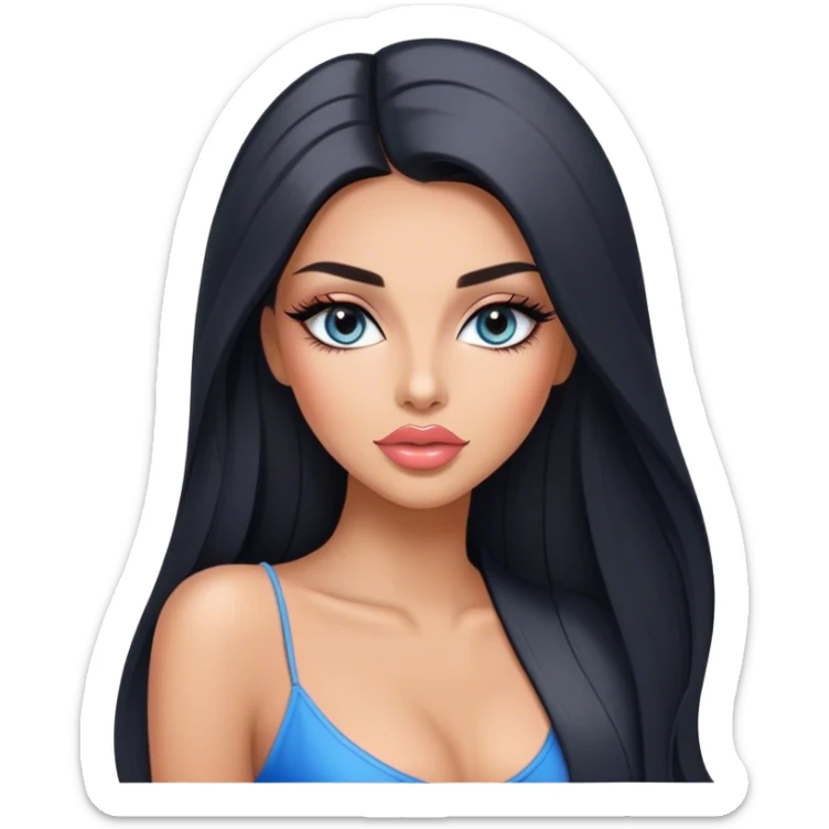 Glamours, tanned, very beautiful girl, with big pump peach-beige-rose lips, long long lashes, black straight smooth silky long hair, straight parting hair, blue-grey eyes sticker