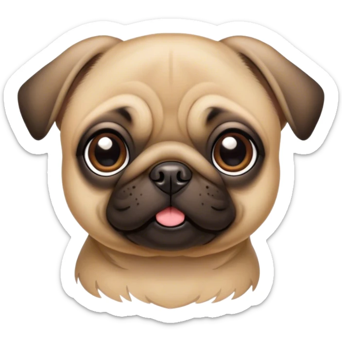 Cinematic Cute Fawn Pug Portrait Emoji, Head tilted playfully and inquisitively, featuring a smooth fawn coat with a subtle sheen, round, sparkling dark eyes filled with curiosity, Simplified yet irresistibly adorable features, highly detailed, glowing with a warm, friendly glow, high shine, affectionate and lively, stylized with a touch of whimsy, bright and endearing, soft glowing outline, capturing the essence of a mischievous yet loving pup, so playful it feels like it could bounce out of the screen and into your arms! sticker