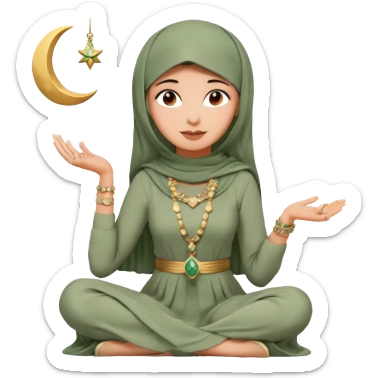 Aesthetic hijabi woman wearing sage green dress and Cartier jewelleries sitting down with crescent moon and ketupat sticker