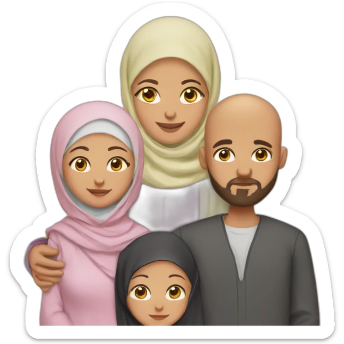 Muslim family with bearded and bald father , mother wearing hijab, two boys and a new born daughter sticker