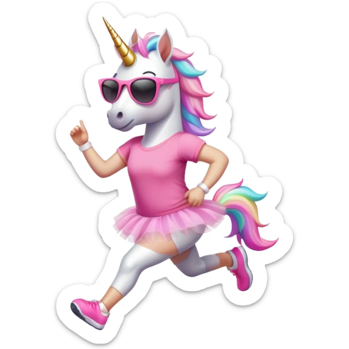 friendly anthropomorphised female unicorn in tutu and pink t-shirt, wearing dark sunglasses, jogging upright in standard pose sticker