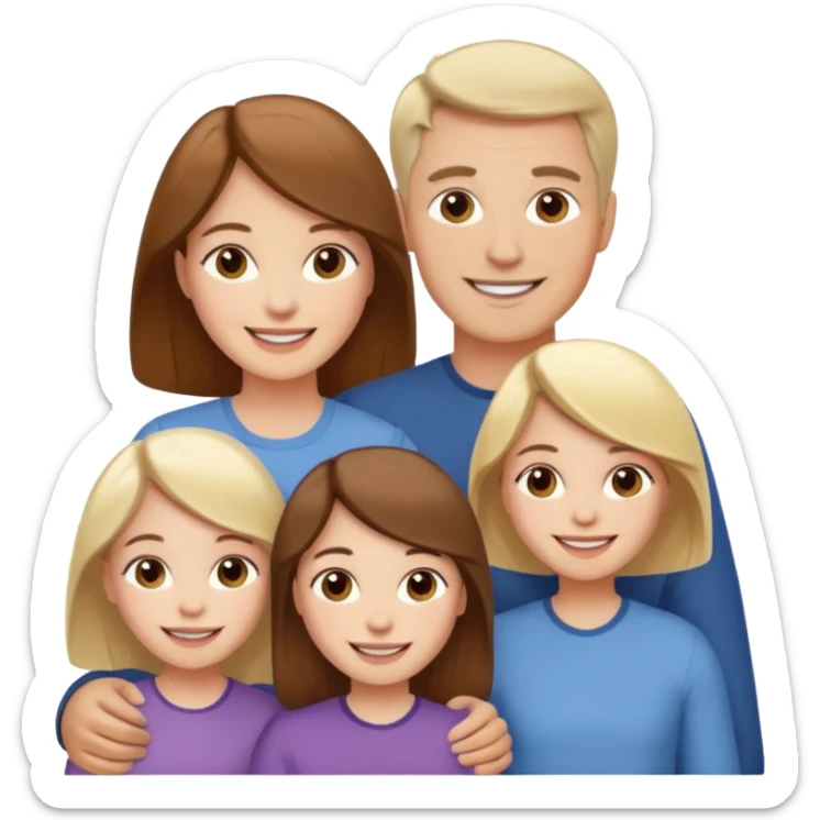 happy pale white family with one brown hair dad, one brown hair mom, one blonde girl, and one brown hair girl sticker