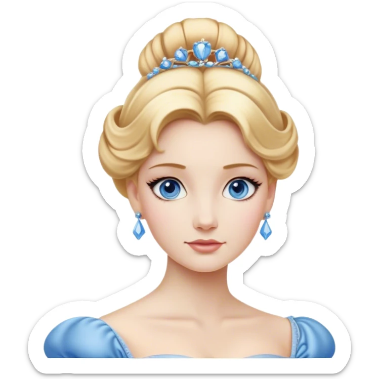 Cinematic Realistic Noble Cinderella Portrait, depicted with porcelain skin rendered in lifelike detail and soft, natural lighting that highlights every delicate nuance. Her intricately styled golden-blonde hair is arranged in an elegant updo, and her deep, expressive blue eyes radiate quiet determination. She wears her classic ball gown with rich fabric textures and delicate folds catching the light beautifully, all set against a subtly glowing, natural background that captures the essence of timeless royal grace. sticker