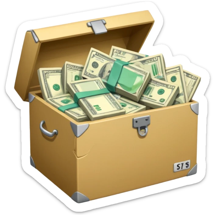 a bunch of preloved stuff in a box, with a small pile of cash notes on the side, indicating that this box is for sale sticker