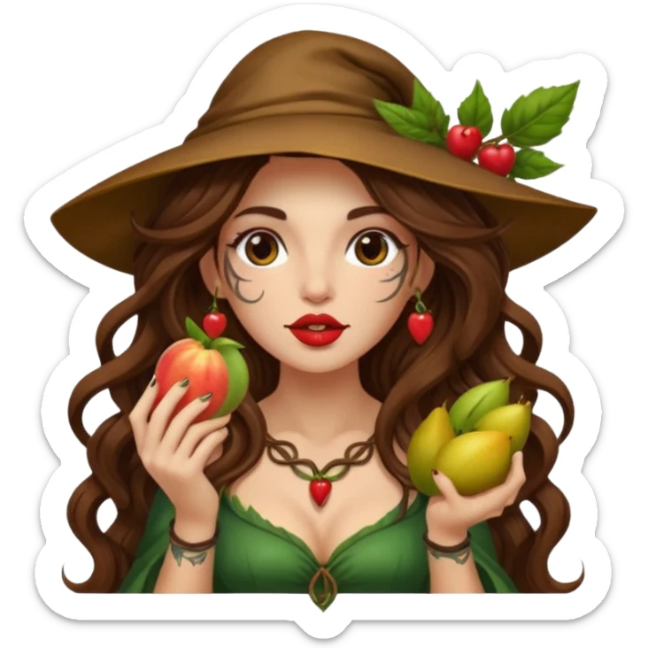 forest mage woman long wavy brown hair tattoos holding fruit near lips sticker