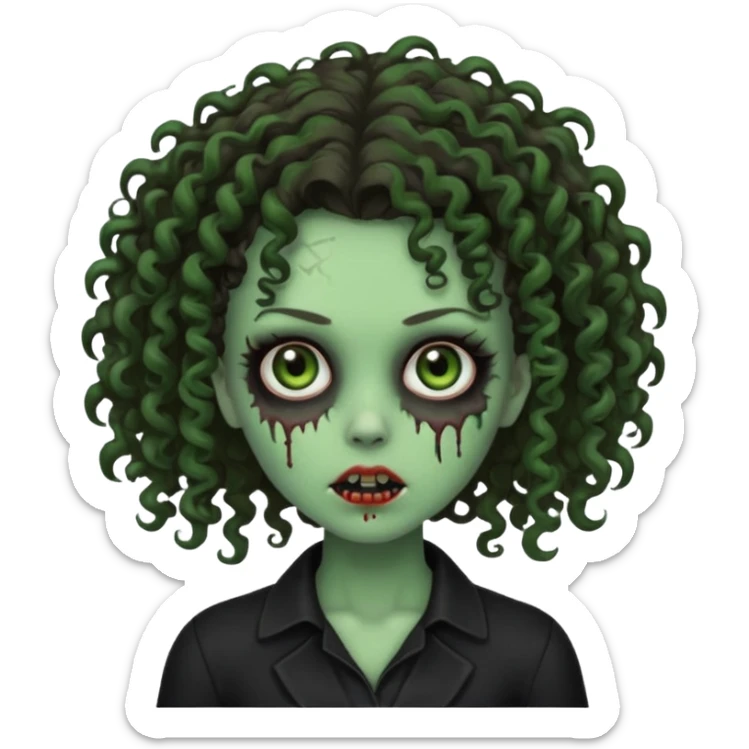 Brunette zombie girl in horror zombie green With curly hair and black clothes  sticker