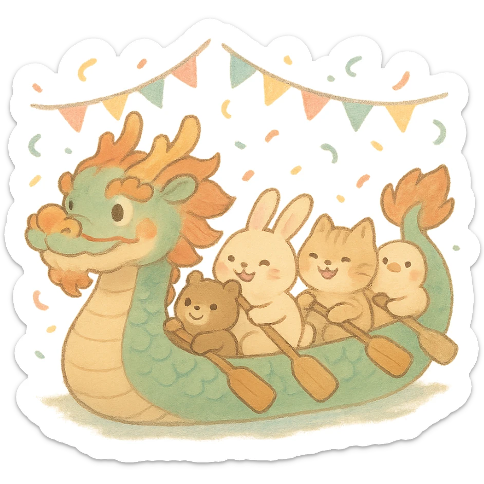 chubby dragon boat with cute animal rowers paddling joyfully, pastel tones, festive background, soft Ghibli style sticker