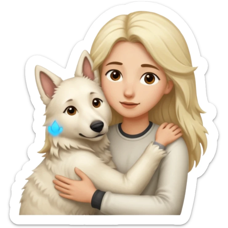 White Shepard short fur Brown eyes .the Dog ist huggin from a Long-haired blonde lady sticker