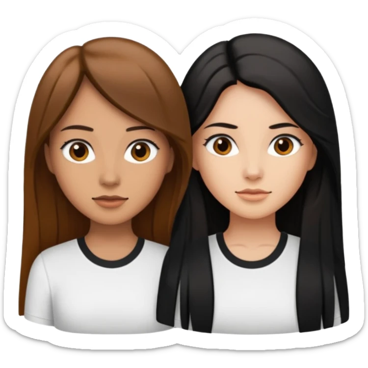 Dos mujeres juntas que una sea de color trigueña y de color blanca, cabello largo negro sea la de piel blanca y la de piel trigueña cabello castaño raya en medio, tengan polo blanco sticker