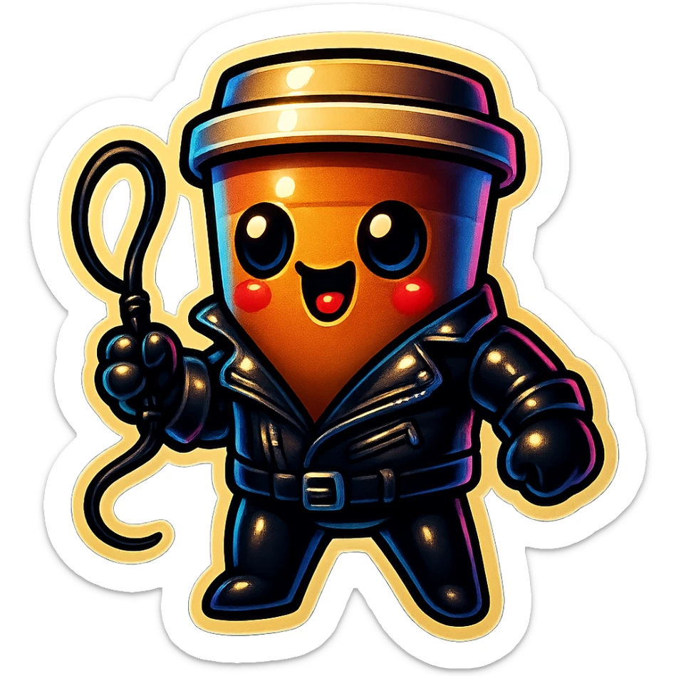 Tall coffee cup, dressed in leather holding a whip sticker