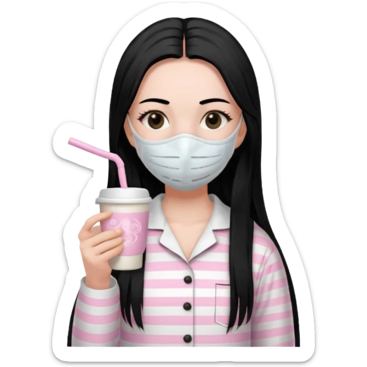 chica de pelo lacio color negro cabellera larga piyama blanca con rayas rosa claras peo no tan claras no oscuras el bordado es negro al igual que los botones )tiene una mascarilla para la carablanca y sostiene y cafe con bolitas nedras al dondo con unsorbete tranparente y es de test blanca  sticker
