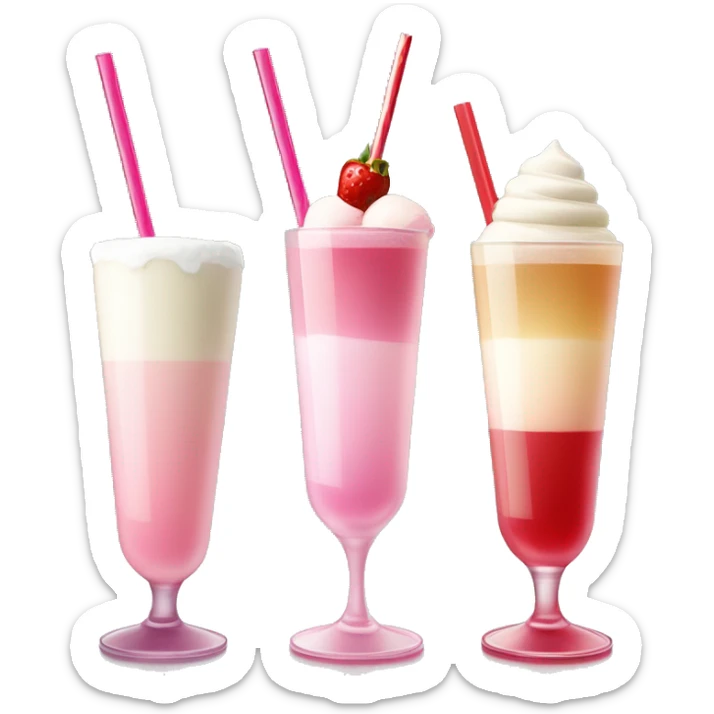 A drink served in a tall tumbler glass. It has one part grenadine at the base, pink white wine in the rest of the glass and white ice cream on the top of the glass. It has a red straw. No fruits. sticker