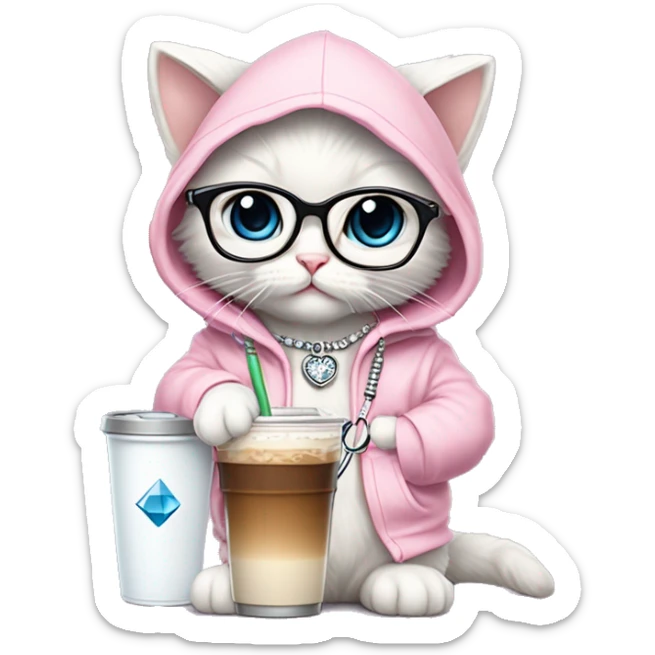 White rag doll kitten wearing a fancy light pink hoodie and a diamond filled stethoscope necklace and wearing clear glasses and holding iced coffee  sticker