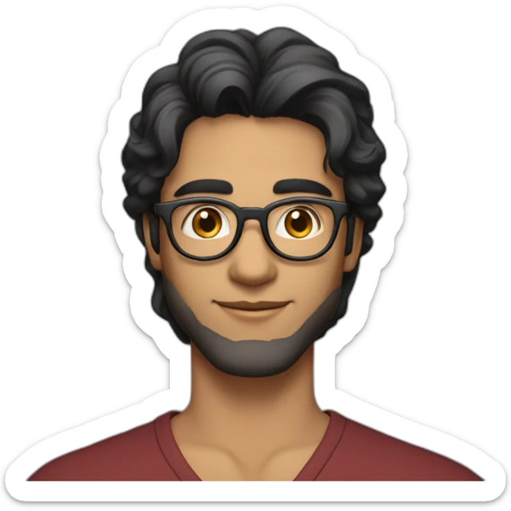 a light skin Pakistani male, with round glasses, techy, black long hair, in a back v-neck sticker