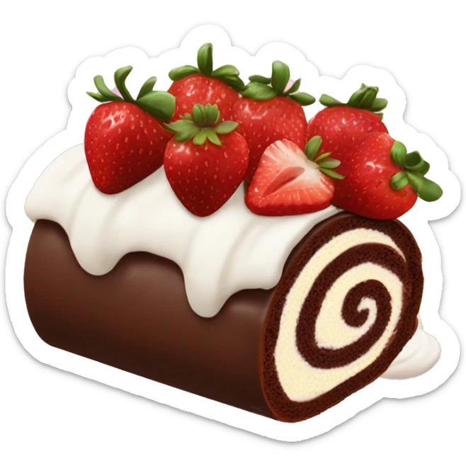Chocolate Swiss roll birthday cake with sliced strawberries and popped cream swirls on top  sticker