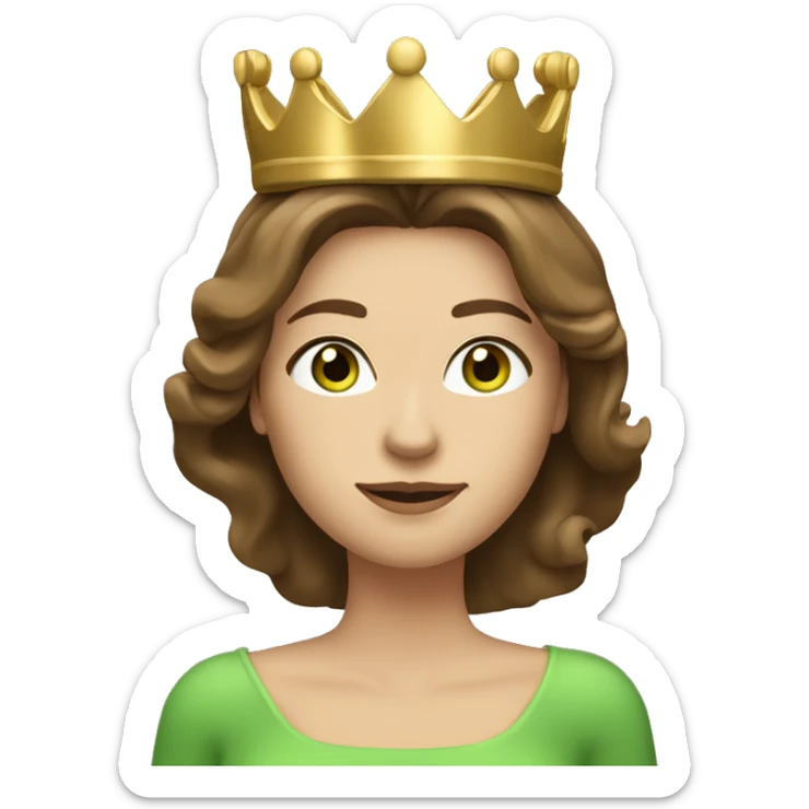 pretty 40 year old woman with grass green eyes and shoulder length straight brown hair gold princess crown sticker