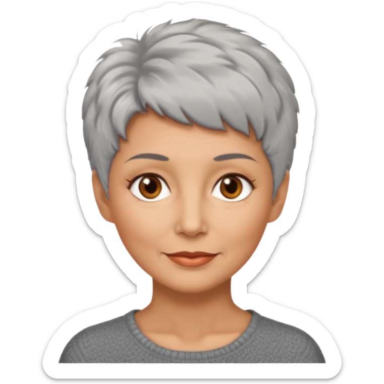 woman 50 years old, very short grey fluffy hair, tannes skin and brown eyes sticker