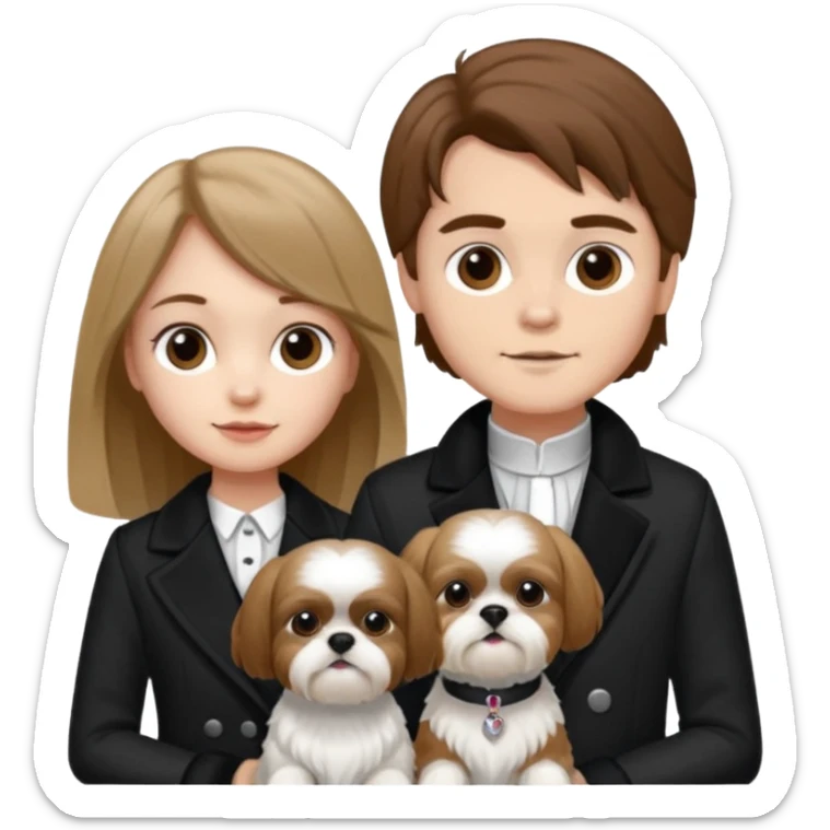 A couple boy with nice brown hair  and beautiful girl with long dark blond hair and with two shih tzu dogs with  black and white coat sticker