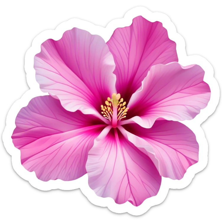 Cinematic Realistic image of a Mugunghwa flower (Rose of Sharon), rendered with delicate petal textures and vibrant pink hues, set against a minimalist background with gentle, diffused lighting that highlights its national significance sticker
