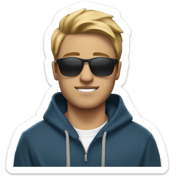 An university student in a blue hoodie with the hood down, black joggers with white sneakers carrying a closed laptop in one of his hand on the side of his body sideways and he is wearing thin sunglasses with black lens.  sticker