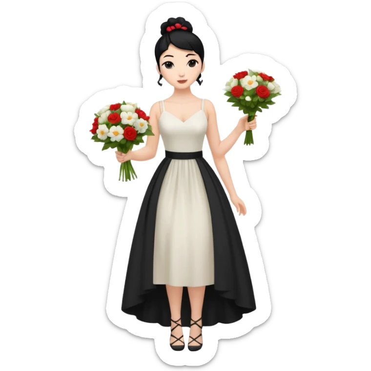 Chica blanca,cuerpo entero, vestido boda asimétrico tirantes , pelo negro,    ramo de flores una mano, pelo recogido en moño alto sticker