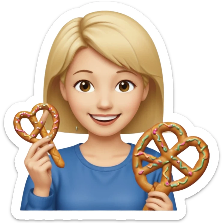 Short, Straight, Dirty blond hair, fair skin, woman winking holding pretzels sticker