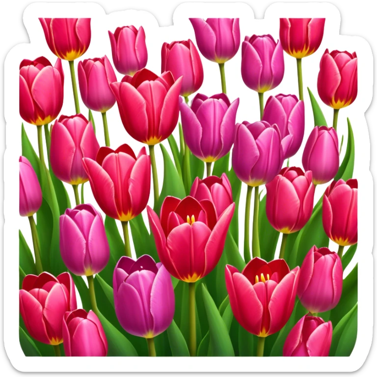 Tulips – Cinematic Realistic Tulips, depicted as a vibrant field of blooming tulips in brilliant hues, each delicate petal catching dewdrops under soft, natural spring light, rendered with detailed textures and a dreamy, picturesque glow. sticker