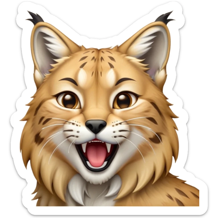 Cinematic-detailed-Yawning-Lynx-Portrait-Emoji – Head tilted slightly with a dramatic, wide-open yawn, revealing a sleek golden-brown fur coat with subtle spots, signature black ear tufts standing tall, round amber eyes barely open in drowsy contentment zoomed out to show the shoulders sticker