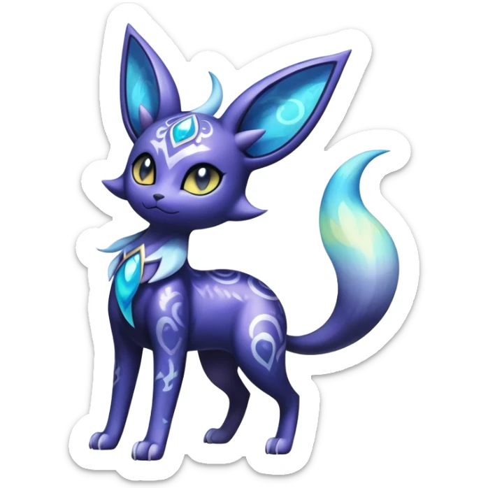 Shiny Exotic Badass Colorful Ethereal Royal Mysterious Gothic Espeon-Meowstic-Umbreon-Pokémon-Fakémon-hybrid-creature (full body) with random pattern-markings sticker
