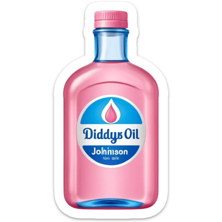 bottle of oil blue top pink outside with logo that says Diddys Oil Johnson and Johnson bottle  sticker