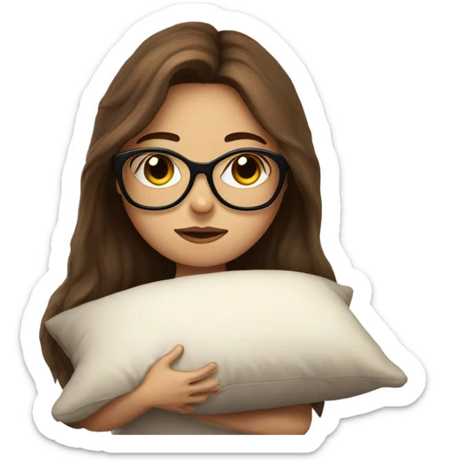 sleep deprived girl with long brown hair and glasses holding a pillow  sticker