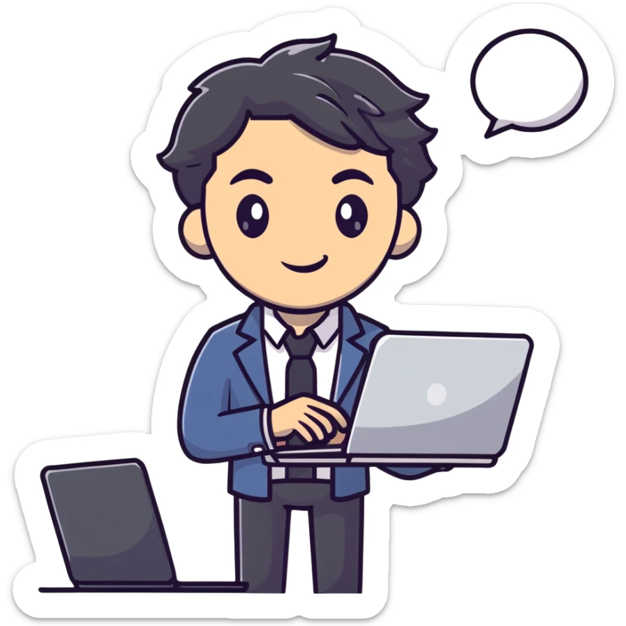 Business strategist man with black wavy hair, stubble, chiseled face, wearing blazer and button-up shirt, holding laptop, confident expression sticker