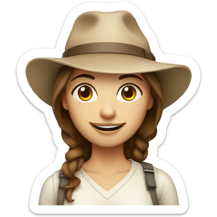 A woman with brown hair and a beige hat, winking with one eye and with a camera around her neck sticker
