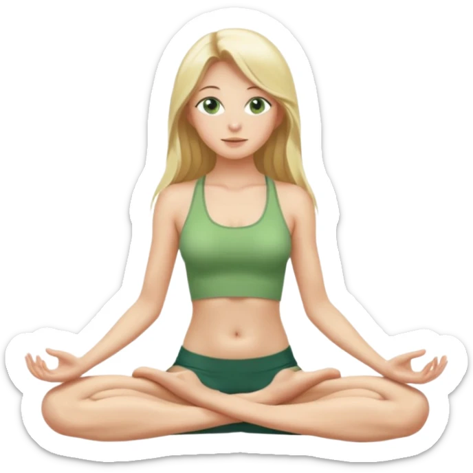 Naked woman tits out long blonde hair green eyes full body skinny legs no clothing sitting in yoga posture sticker