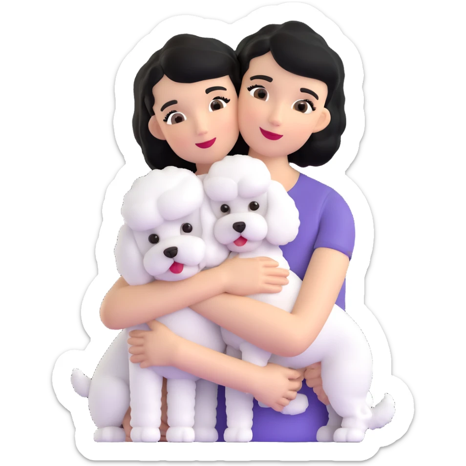 woman with short black hair hugging a brown poodle and a white bichon frise sticker