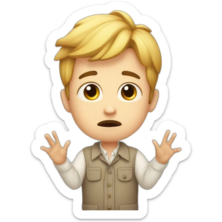 It was not me, I am innocent. Portrait of confused nervous little man raising palms up in surrender and staring sticker