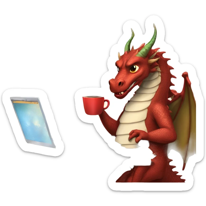 dragon on a laptop, wearing a shirt with the words hump day on it, with a cup of coffee in his right hand sticker