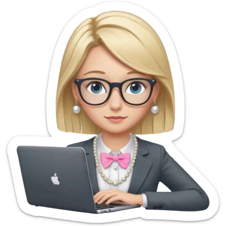 Please take the girl with laptop emoji and make her glassess light brown, her eyes ocean blue and her nose a bit smaller and pointier and she has blonde very long hair and a dark grey suit and pearls necklace, and has a laptop in fron of her and a tiny pink bow on the left side of her head sticker