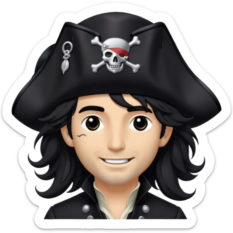 A charismatic pirate with wavy black hair tousled by the breeze. His silver-embroidered tricorn hat casts a shadow. Dark eyes glint with mischief as he looks to the side, a knowing smile on his lips. His black coat, adorned with silver buttons, shifts with the wind sticker