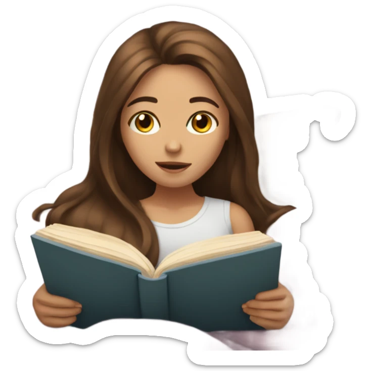 girl with white skin and long, brown hair is reading book in bed sticker