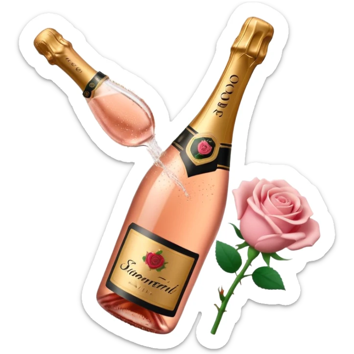 bottle of sparkling rosé champagne with a rose logo on the label, with the cork popping out from the top, tilted up and to the left, no glass sticker