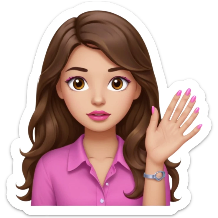 girl with long wavy brown hair, brown eyes, light to medium complexion, in a pink shirt, pink lips, long lashes, puckered lips, showing off painting long nails sticker